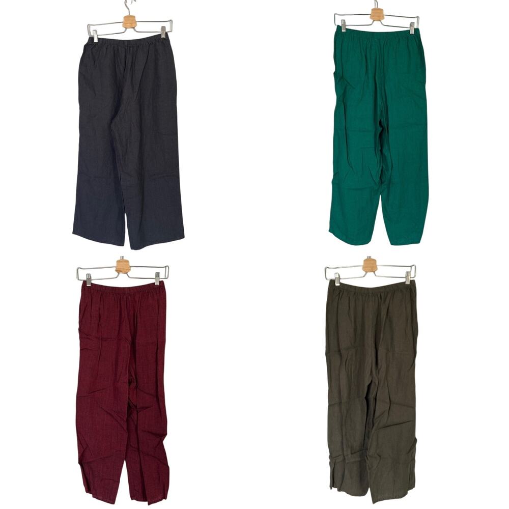 FLAX Lot of 4 100% Linen Elastic Waist Pants Women's S Gray Green Red Wide Leg